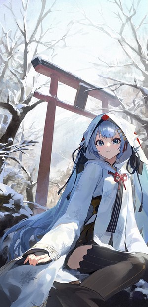Hatsune Miku in a snowy forest with a torii gate
