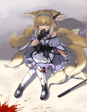 Suzuran from Arknights with multiple tails