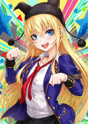 Anime girl with blonde hair and blue eyes wearing a hat