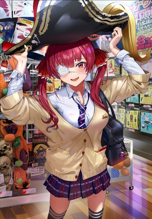 Houshou Marine in School Uniform with Pirate Hat