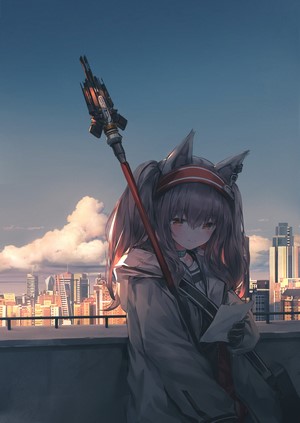 Angelina from Arknights holding a staff
