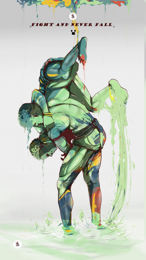 Two figures wrestling in a stylized, dripping environment