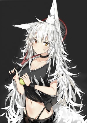 Anime girl with white hair and fox ears holding tennis racket and ball