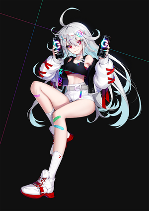 Anime girl with silver hair holding phones