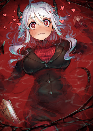 Modeus from Helltaker in red liquid with hearts