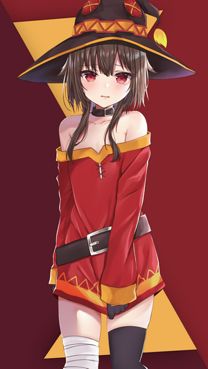 Megumin from KonoSuba wearing a witch hat and red dress