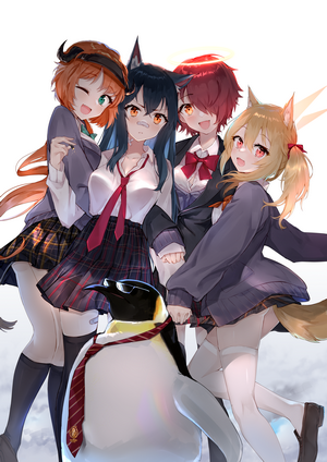 Anime girls and a penguin in school uniforms