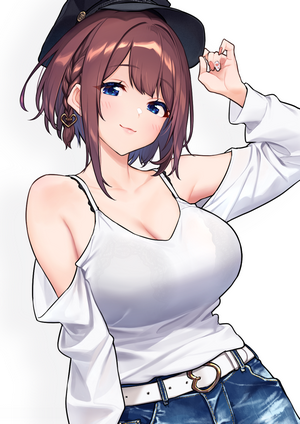 Anime girl with short brown hair and blue eyes wearing a white tank top and jeans