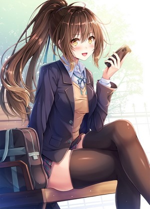 Anime girl with ponytail in school uniform holding smartphone