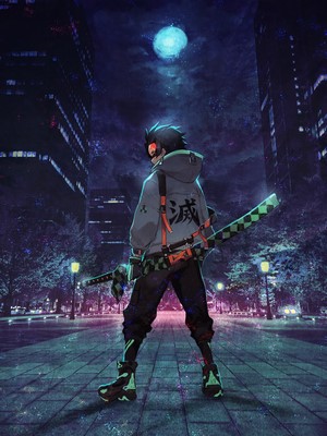 Anime boy with sword in city at night