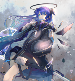 Mostima from Arknights with blue hair and horns