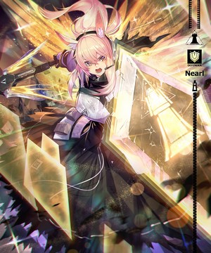Nearl from Arknights holding a shield and weapon
