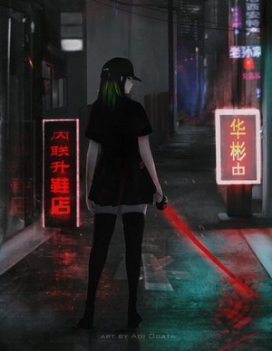 Anime girl with red lightsaber in neon alley