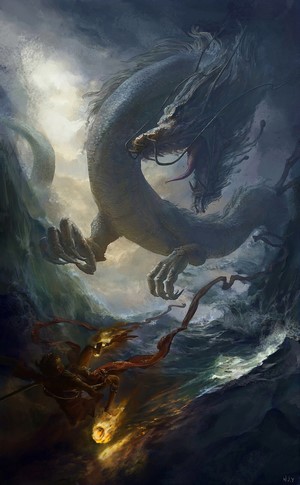 Nezha fighting a dragon in stormy seas
