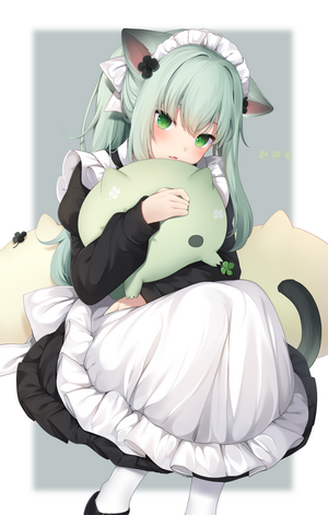 Cat girl in maid outfit holding a plush toy