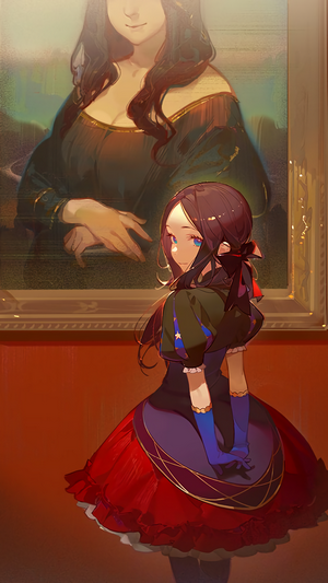 Mona Lisa painting with anime girl in front
