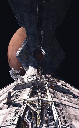 Astronaut on a spaceship with Mars in the background