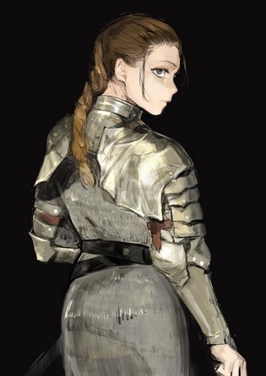 Woman in ornate armor looking back