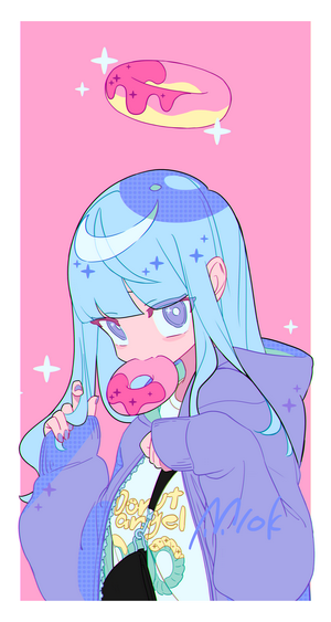 Anime girl with blue hair eating a donut