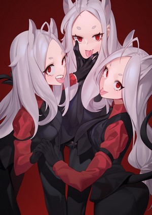 Cerberus from Helltaker with grey hair and red eyes