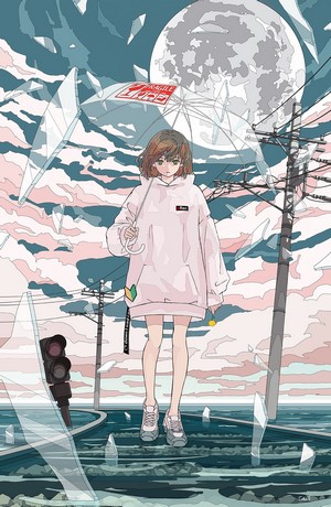 Girl with umbrella under the moon