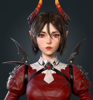 Woman with horns and purple eyes, red outfit