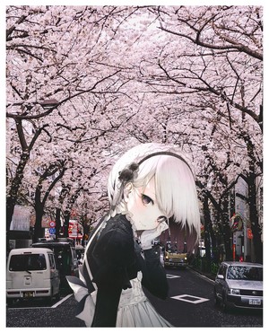 Anime girl in maid outfit under cherry blossoms in Japan