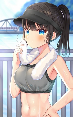 Anime girl with visor and ponytail wiping sweat