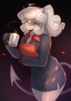 Pandemonica from Helltaker holding a cup and clipboard
