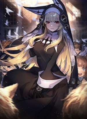 Anime girl with blonde hair and red eyes in nun outfit