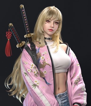 Woman with blonde hair and katana