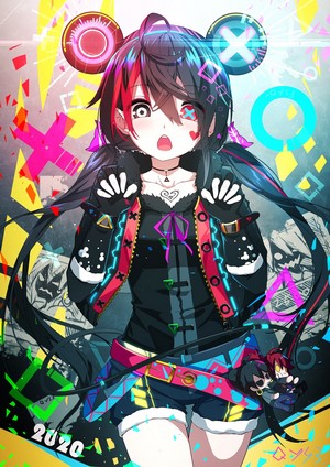 Anime girl with headphones and video game symbols