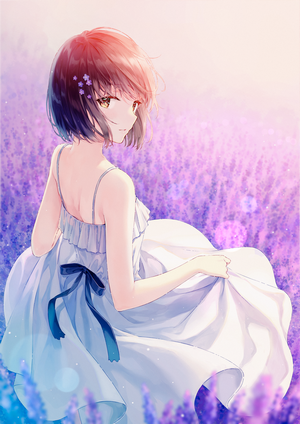 Anime girl in a white dress in a lavender field
