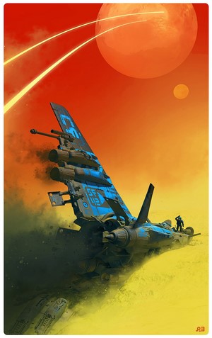 Science fiction poster of a spaceship in a desert