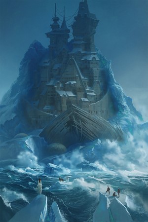 Fantasy artwork of a derelict ship on an iceberg