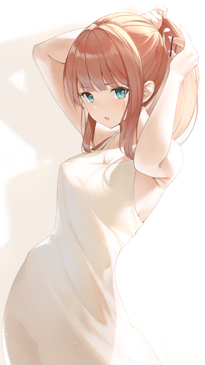 Anime girl with blue eyes and ponytail in white dress