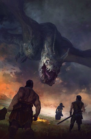 Dragon attacking warriors in Malazan Book of the Fallen