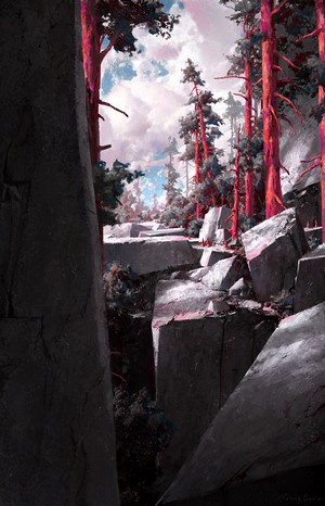 Fantasy forest with red trees and rocky terrain