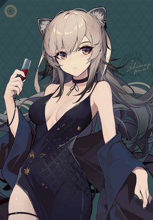 Schwarz from Arknights holding a glass of wine