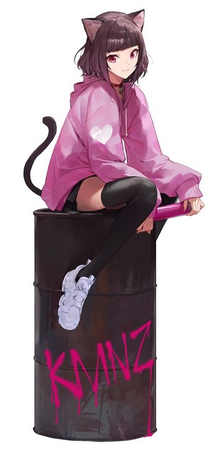 Cat girl in pink hoodie sitting on barrel