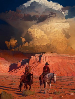 Two cowboys on horses in a desert landscape with storm clouds