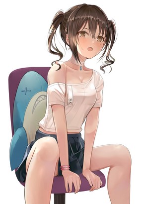 Sunazuka Akira sitting on a chair with a shark plushie