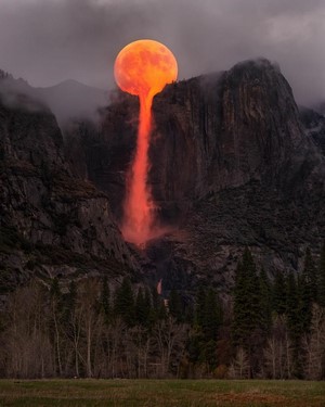 Moon as Lava Waterfall in Yosemite National Park