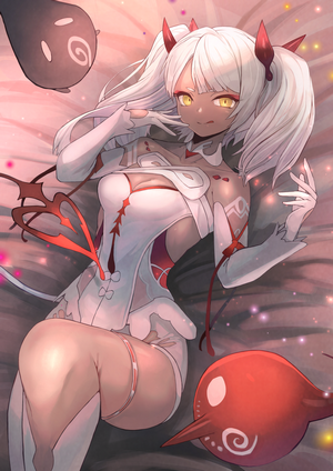 Succubus with white hair and yellow eyes lying on back