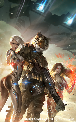 Tiger man with two women and a spaceship