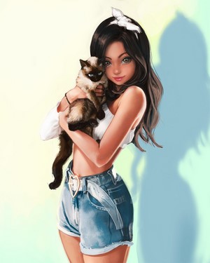 Woman holding a Siamese cat, digital art by Ivan Talavera