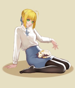 Saber Artoria Pendragon from Fate/Stay Night with cat