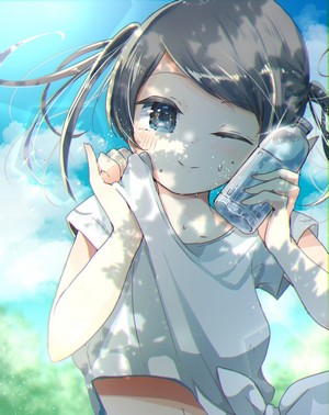Anime girl with pigtails holding a water bottle