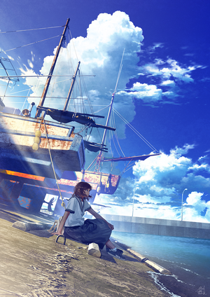 Anime girl in school uniform sitting by a docked ship