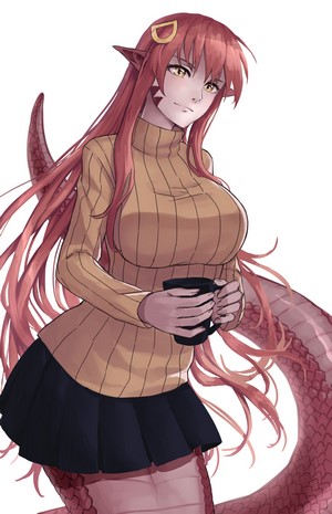 Miia from Monster Musume holding a coffee cup